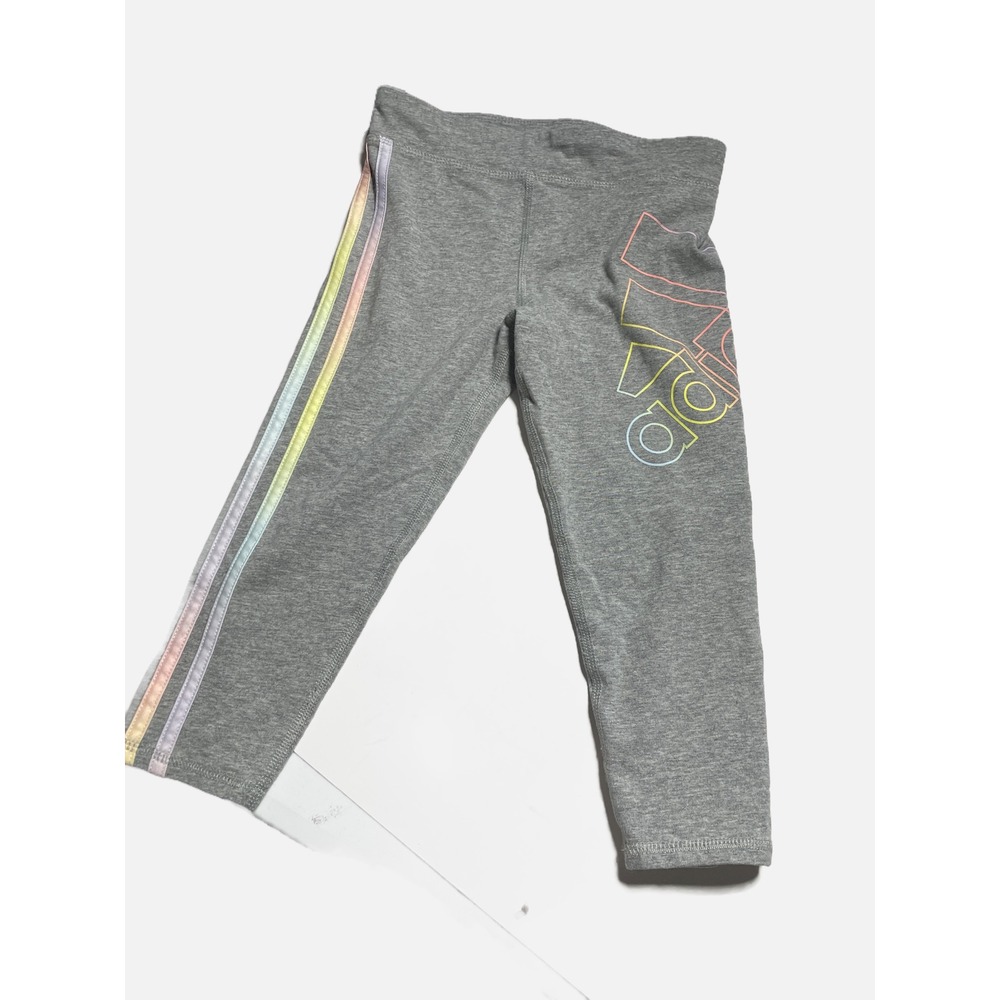 Adidas Leggings Girls XS 6/6X Gray Rainbow Logo Pastel Stripe Athletic Active